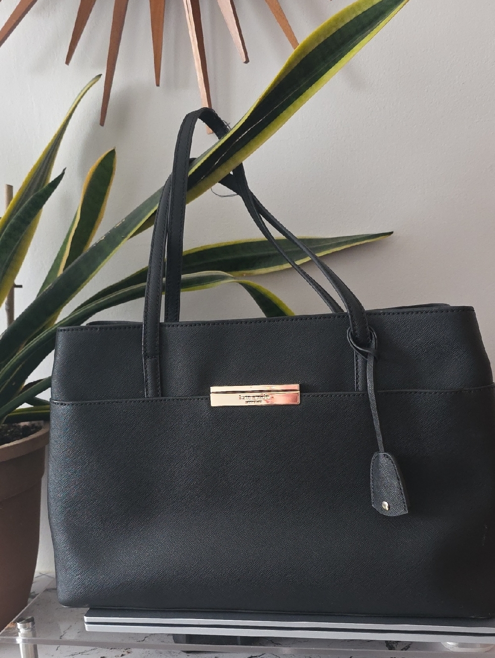 Kate Spade Black Leather Structured Tote Bag with Gold Accent